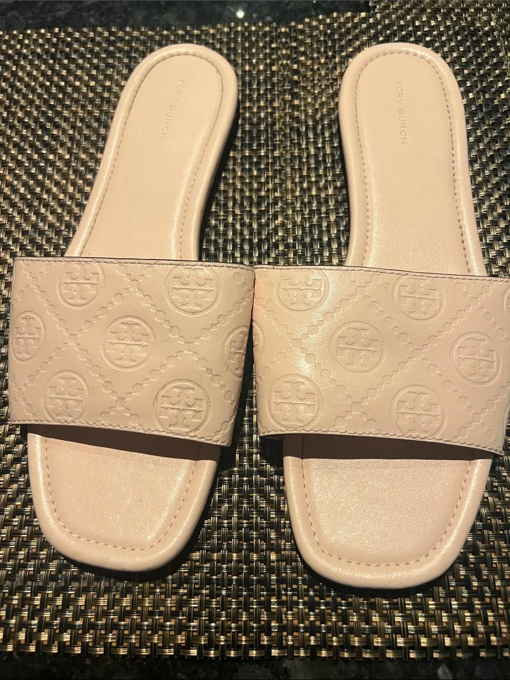 Tory Burch Sandals T Monogram Slides in Blush Pink Leather Sz 10